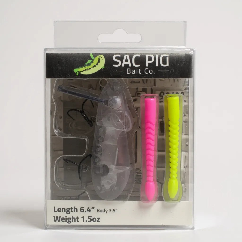 Packaged fishing lure with pink and green colors on a white background