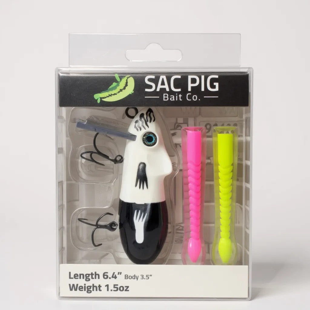 SAC Pig Bait Co. fishing lure packaging with a white background