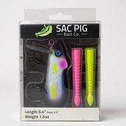 Fishing lure packaging with SAC Pig Bait Co. branding on a white background